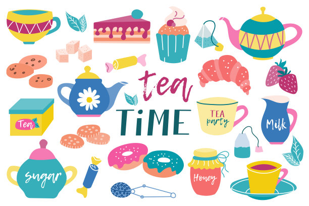 大的茶具。茶壶,手绘杯。糖果，糖果，饼干，蛋糕。早餐,茶党。矢量平面图像上的白色背景图片下载