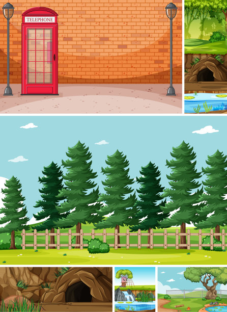 六个不同的场景在自然背景卡通图片下载