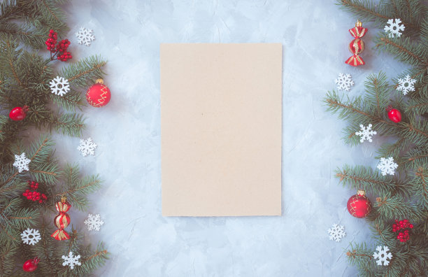 圣诞节的灰色背景，冷杉树枝，浆果，雪花，小饰物。图片下载