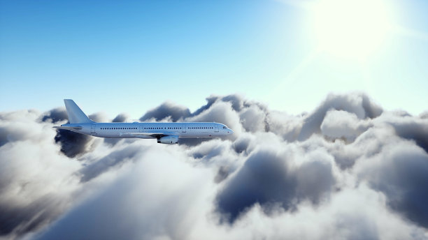 空中客车在云中飞行。飞机。3 d渲染。图片下载