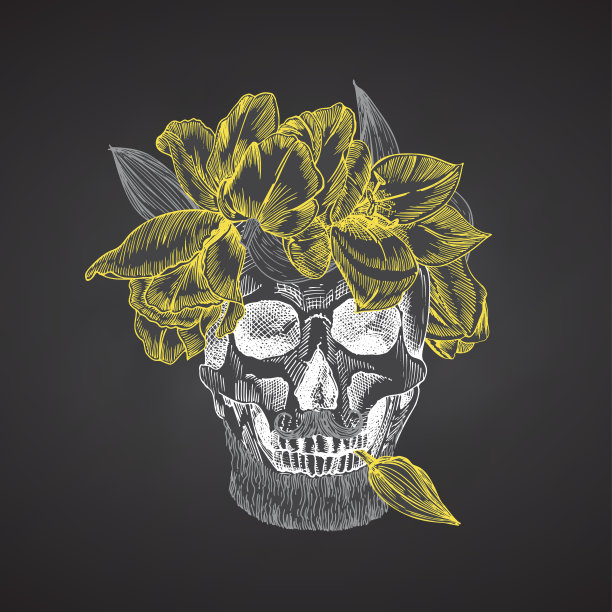 手绘的人的头骨与胡子和胡子在花圈。黄色郁金香有趣的字符粉笔图形雕刻艺术孤立在黑板背景。复古风格。向量图片下载