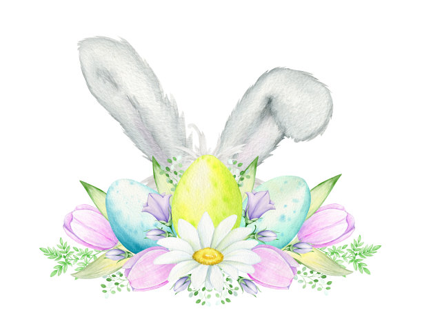 复活节兔子的耳朵，花，复活节彩蛋。水彩概念，在一个孤立的背景。图片下载