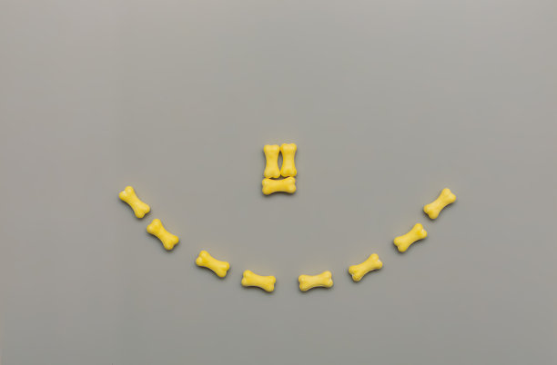 黄色的骨头在灰色的背景上微笑的形式。糖果、糖果、食品。狗粮，拷贝空间，俯视图，平躺。图片下载