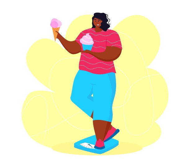 一个年轻的非裔美国肥胖妇女正在吃垃圾食品。一个女孩上秤是为了减掉腹部的脂肪。图片下载