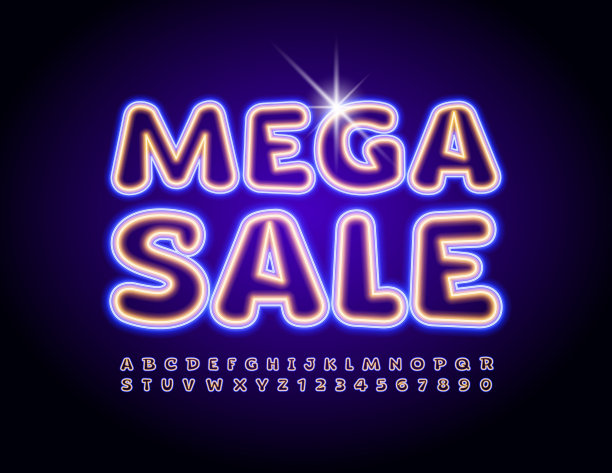 矢量促销横幅Mega Sale。霓虹灯明亮的字母和数字集图片下载