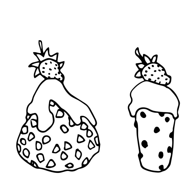 巧克力蛋糕，草莓松饼，葡萄干和奶油，涂鸦图片下载