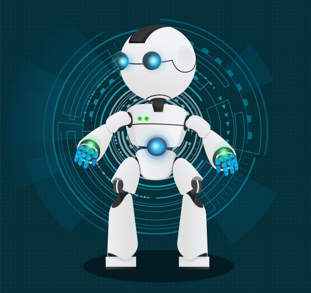 白色机器人矢量插图站在未来的数字蓝色背景全长图片下载