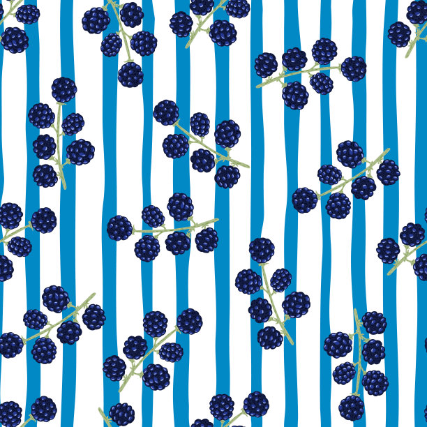 随机的海军蓝黑莓点缀无缝图案。蓝白条纹背景。图片下载