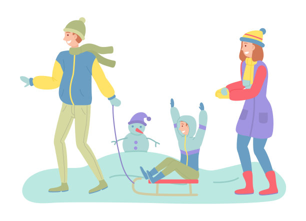 冬日里的一家：父亲带着孩子一起玩雪橇图片下载