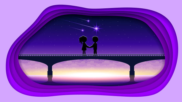 抽象美丽的天空与坠落的星星云桥剪影女孩男孩爱2月14日情人背景矢量图片下载