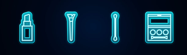 口红，化妆刷，耳朵棉签和眼影调色板。发光的霓虹灯图标。向量图片下载