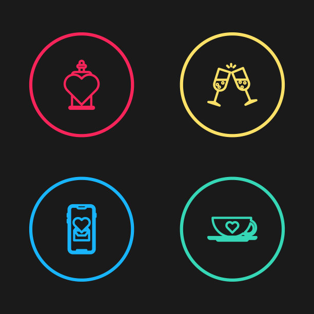 Set line Mobile with heart, Coffee cup and, Glass champagne and Bottle love potion图标。向量图片下载