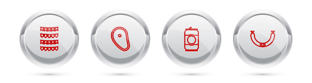 摆上彩旗、牛排、啤酒罐、香肠的狂欢节花环。银圈按钮。向量图片下载