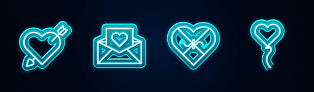 设线爱心和箭，信封情人，糖果盒和气球形式。发光的霓虹灯图标。向量图片下载