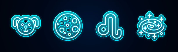 设定线狗星座，月亮，狮子座和银河系螺旋星系。发光的霓虹灯图标。向量图片下载