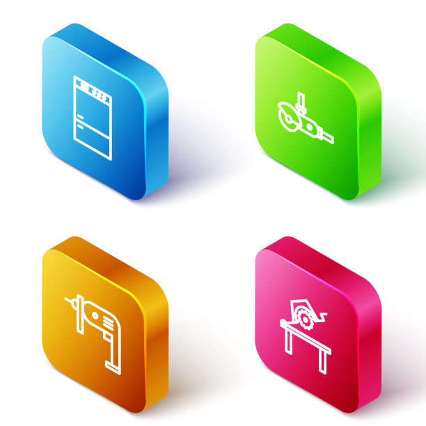 设置等距线冰箱，角磨机，电钻和台锯为木工图标。向量图片下载