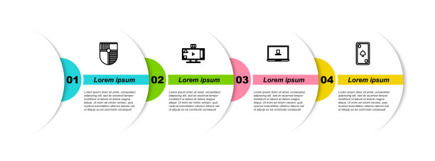 设置线盾的游戏，在线直播，笔记本电脑和扑克牌与钻石。业务信息模板。向量图片下载