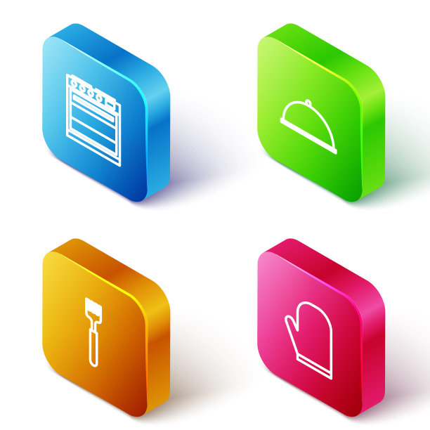 设置等距线烤箱，覆盖托盘，叉子和手套图标。向量图片下载