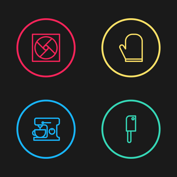 配线电动搅拌机，切肉刀，烤箱手套和通风图标。向量图片下载