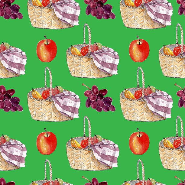 水彩野餐图案与野餐篮，葡萄和苹果。图片下载