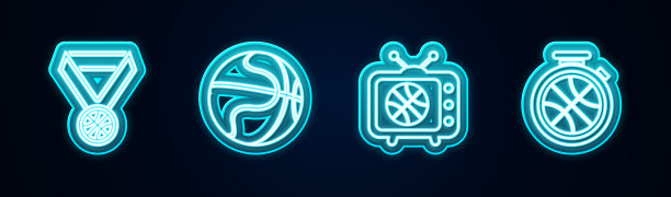 篮球奖牌、电视比赛和带篮球的秒表发光霓虹灯图标矢量素材图片下载