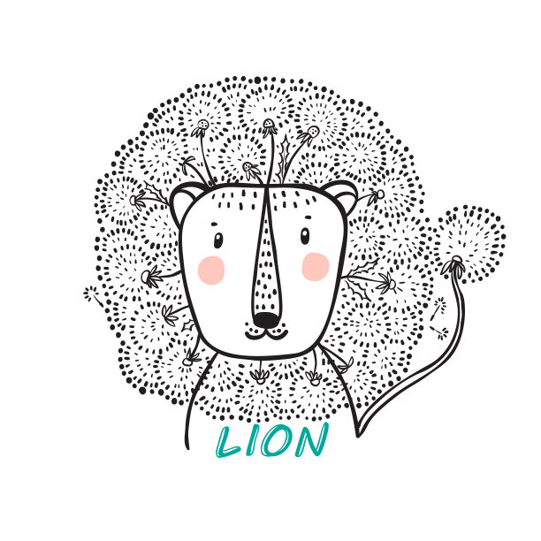 t恤印花设计的儿童时尚与可爱的花狮子。手绘涂鸦狮子头蒲公英花鬃毛。夏天的名片。卡通动物矢量插图。儿童印刷或海报图片下载