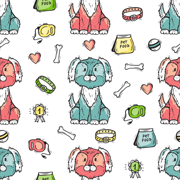 宠物商店矢量背景。手绘的宠物狗和货物。狗用品和宠物食品无缝模式图片下载