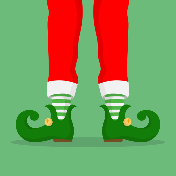 圣诞精灵穿着带铃铛的绿色鞋子，条纹长袜和红色短马裤。图片下载