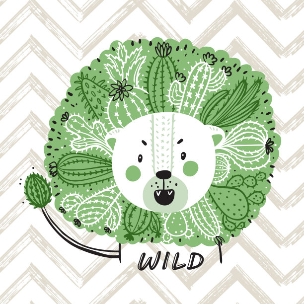 t恤印刷设计的儿童时尚与可爱的花卉狮子。手绘涂鸦狮子头与仙人掌花鬃毛。夏天的名片。卡通动物矢量插图。儿童印刷品或海报图片下载