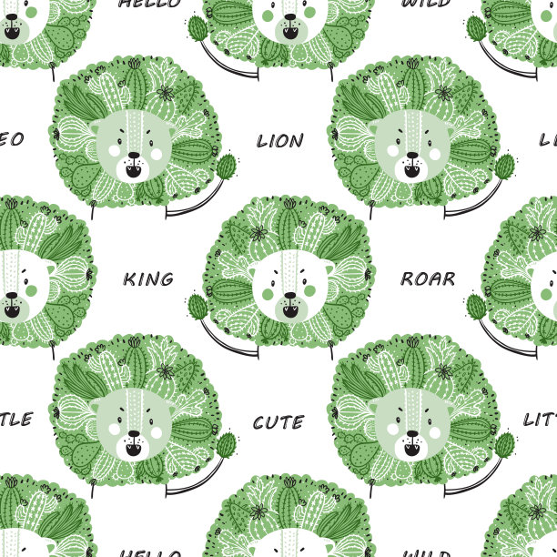 无缝图案的孩子与可爱的花狮子。手绘涂鸦狮子头与仙人掌花鬃毛夏季背景。卡通动物矢量插图。儿童壁纸图片下载