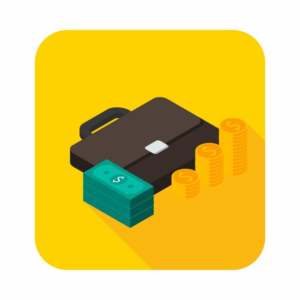 公文包，美元钱现金图标，金币堆栈右视图图标矢量等距。图片下载
