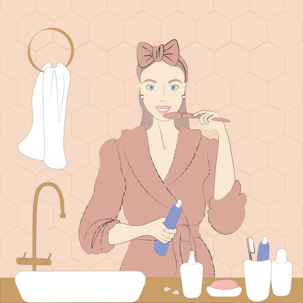 美容。一个穿着粉红色长袍的女孩正站在浴室里刷牙。在牙膏的手中。图片下载