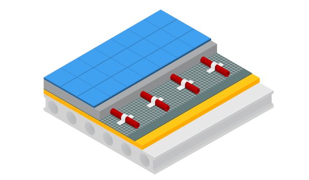 矢量图地板下采暖隔离在白色背景上。平面卡通风格瓷砖地板采暖系统的技术细节。三维等距层地板采暖系统。图片下载