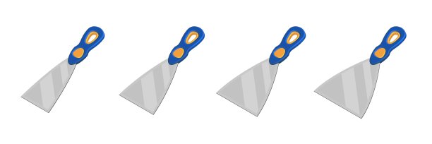 蓝色和黄色塑料柄的卡通锅铲。墙壁工人抹刀孤立在白色的等距矢量插图。不同大小的油灰刀矢量图标集。施工和刮划工具图片下载