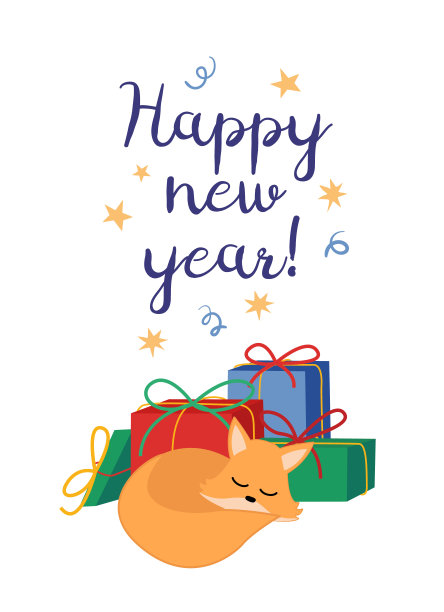 贺卡，礼盒和睡着的狐狸图片下载
