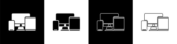 将电脑显示器、平板电脑和手机图标隔离在黑白背景上。互联网盈利，市场营销。向量图片下载