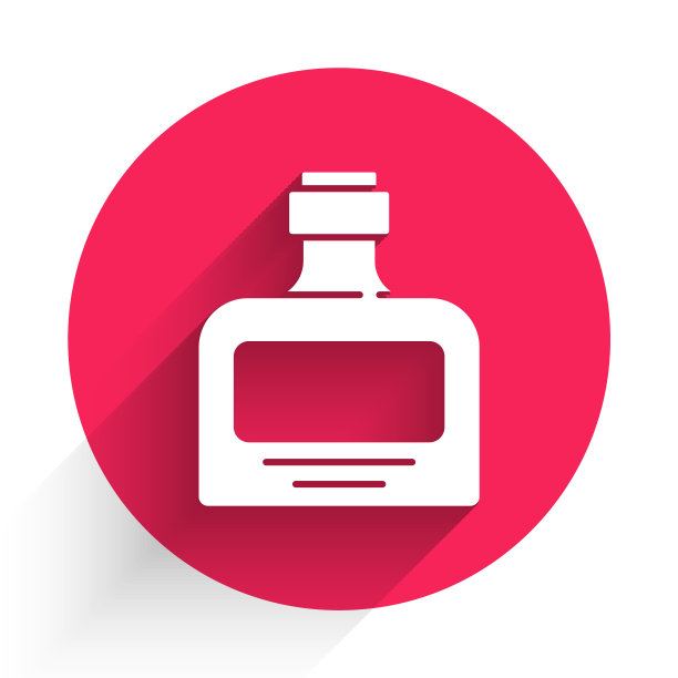 白色威士忌酒瓶图标孤立与长影子。红色圆圈按钮。向量图片下载