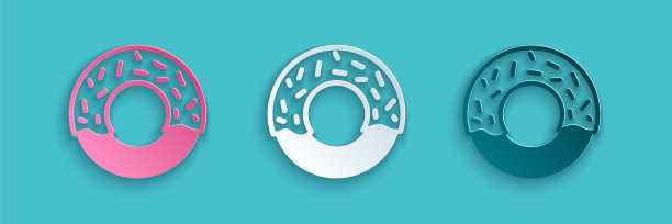 剪纸甜甜圈与甜釉图标孤立在蓝色背景。纸艺术风格。向量图片下载