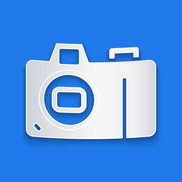 剪纸照片相机图标孤立在蓝色背景。与相机图标。纸艺术风格。向量图片下载