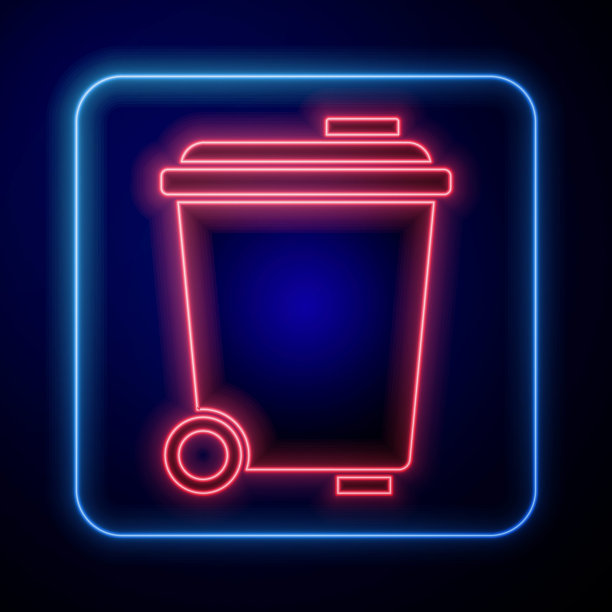 发光霓虹灯垃圾桶图标孤立在蓝色背景。垃圾桶的迹象。回收篮图标。办公室垃圾图标。向量图片下载