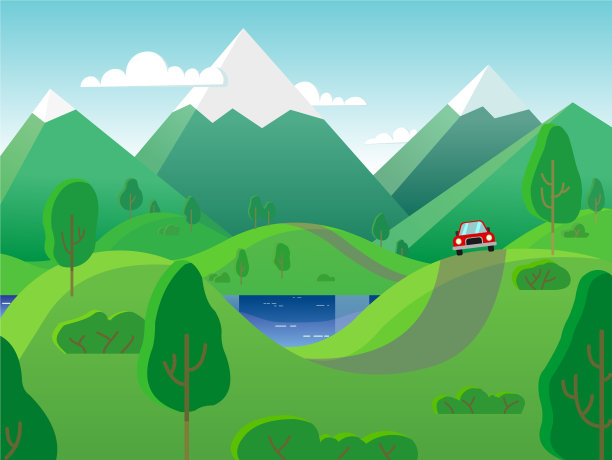 风景带着一辆红色轿车沿着风景行驶图片下载