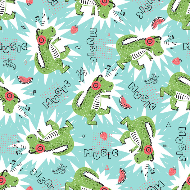 与恐龙音乐爱好者为儿童时尚无缝模式。手绘涂鸦跳舞可爱的恐龙听音乐耳机。卡通动物载体背景图片下载