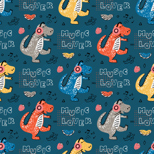与恐龙音乐爱好者为儿童时尚无缝模式。手绘涂鸦跳舞可爱的恐龙听音乐耳机。卡通动物载体背景图片下载