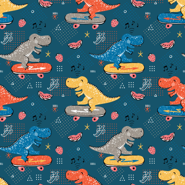无缝模式的儿童时尚与可爱的恐龙。手绘涂鸦恐龙溜冰者。卡通动物载体背景图片下载