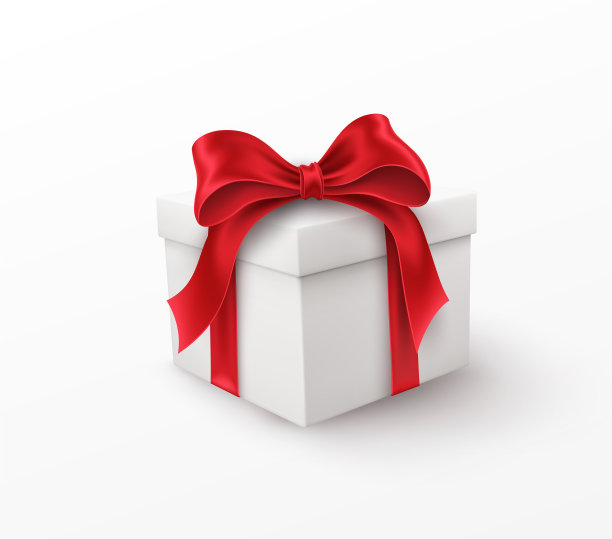 白色礼盒上隔着红色的绸缎蝴蝶结图片下载