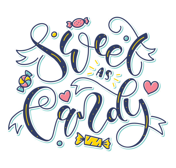 甜如糖果，彩色矢量插图与涂鸦糖果隔离在白色背景。有趣的多色字体海报，照片叠加，贺卡，t恤打印和社交媒体。图片下载