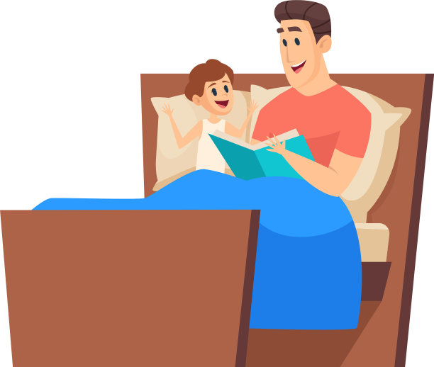 睡前故事父亲在床上给儿子读图片下载