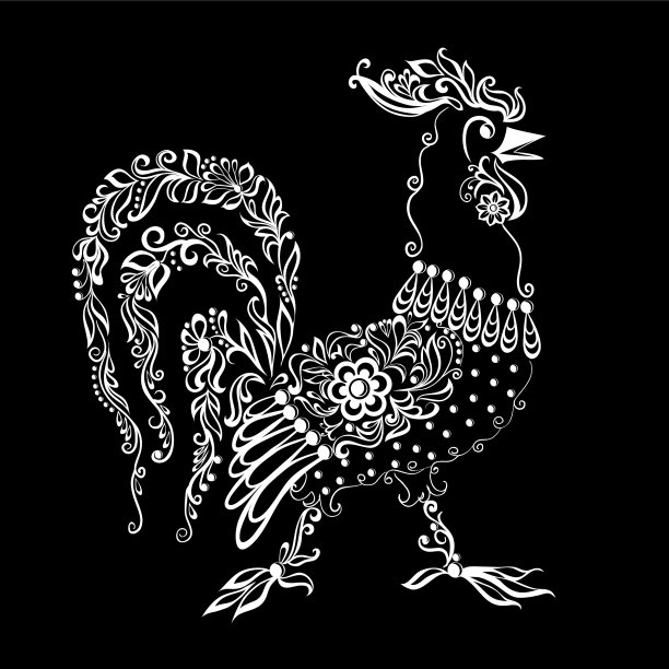 黑白相间的公鸡与花卉图案图片下载
