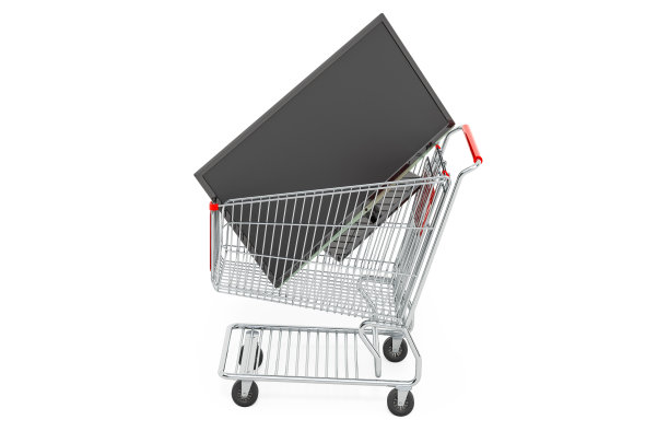 购物车里的现代电视，白色背景上的3D渲染隔离图片下载