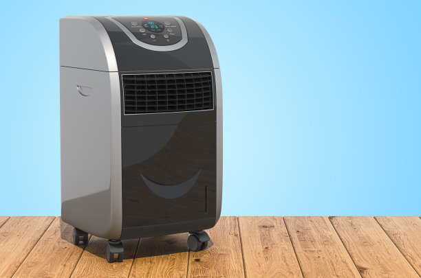 便携式空调在木板上，3D渲染图片下载
